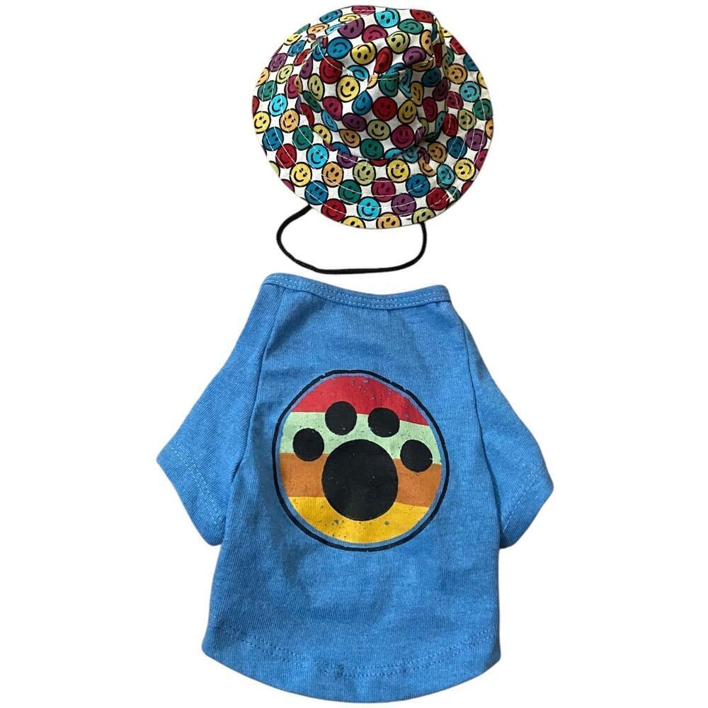NWT Bundle Size XS Dog Clothes Hat T-shirt Colorful Summer Smiley Short Sleeve